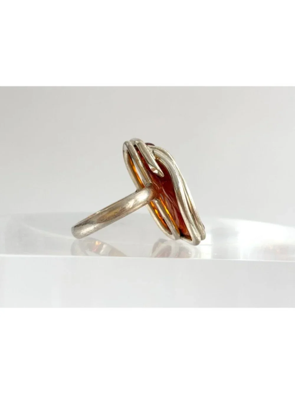 Modernist Genuine Baltic Amber Stone Sterling Silver 925 Vintage Ring - sz 9